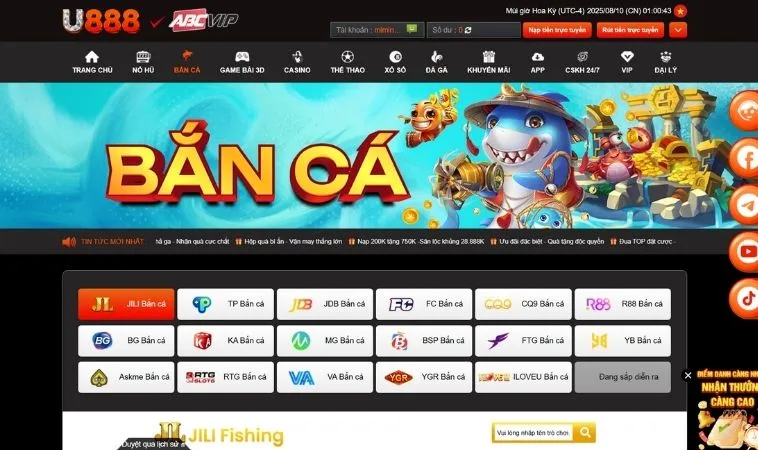 Sảnh bắn cá U888 hợp tác với nhiều nhà cung cấp game bắn cá chất lượng
