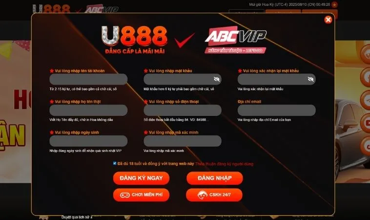 Giao diện đăng ký U888