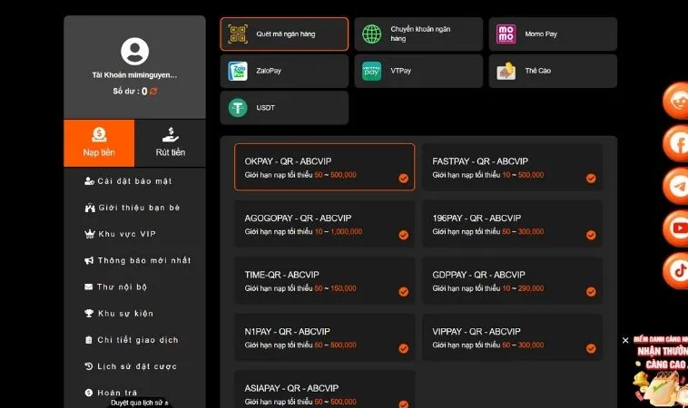 Các phương thức nạp tiền U888