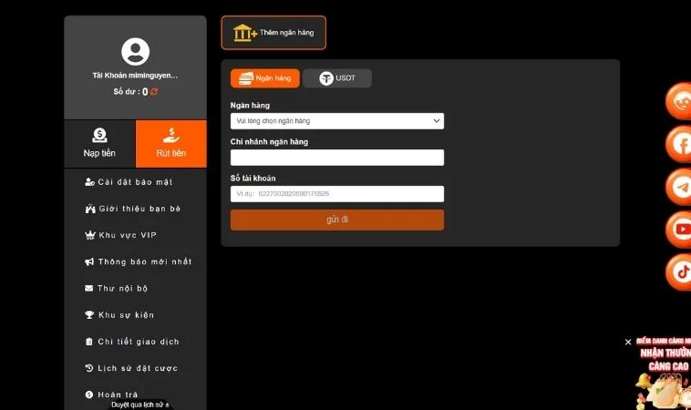 Giao diện rút tiền U888