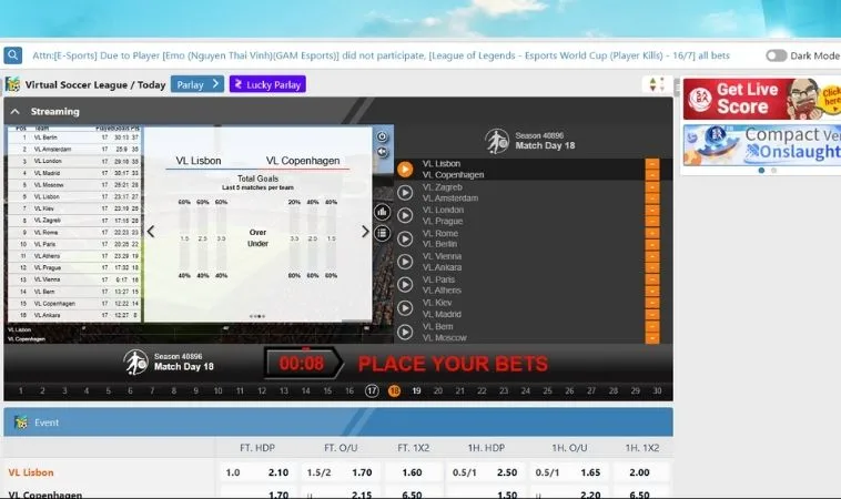 Giao diện cá cược Thể Thao Ảo U888